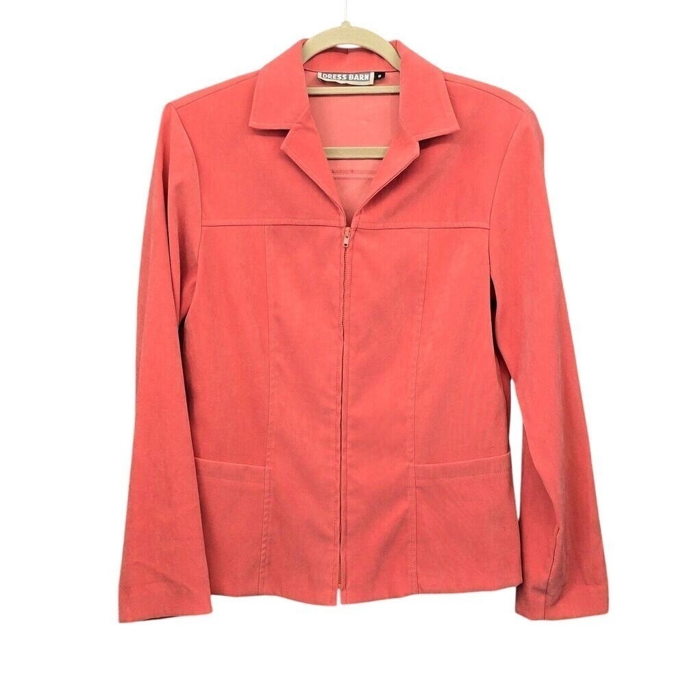 Dress Barn Womens Size 8 Coral Pink Zip‎ Front Collared Jacket Faux Suede USA